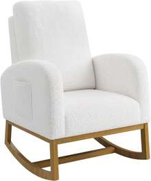 Silla basculante sobredimensionada - respaldo alto, pata de madera de goma, bolsillos laterales - Sillón reclinable para dormitorio, sala de estar - Blanco - Ver 3