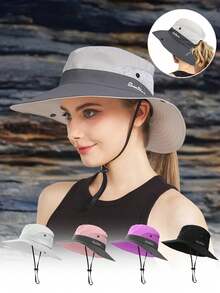 1件装女士夏季遮阳帽沙滩帽宽檐户外防紫外线帽可折叠透气网眼马尾辫渔夫帽 - 英文刺繡馬尾漁夫帽 - 查看 1