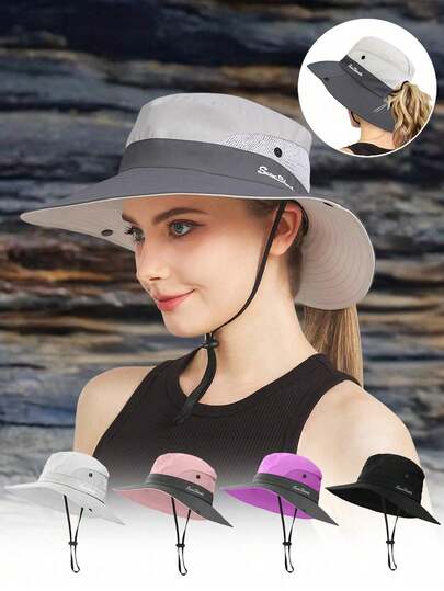 1件装女士夏季遮阳帽沙滩帽宽檐户外防紫外线帽可折叠透气网眼马尾辫渔夫帽