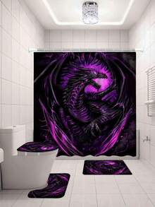 1/4 件套防水龙纹浴室配件套装，包括防滑浴帘、马桶盖套、浴垫、浴缸帘、12 个挂钩，尺寸为 180*180 厘米/70.8*70.8 英寸 - 多色 - 查看 7