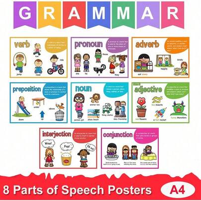 Lachilly Bộ 8 áp phích ngữ pháp, bảng học tiếng Anh, bộ bảng thông báo ngữ pháp giáo dục cho trẻ em, cần thiết cho giáo viên, trường tiểu học, giáo dục tại nhà, trang trí lớp học, môn Ngữ văn, dụng cụ dạy tiếng Anh, công cụ học tập, đồ chơi giáo dục cho trẻ em, đồ dùng học tập, kích thước 8.26 x 11.2 inch / 21 cm x 28.5 cm