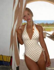 Women's Elegant Sexy White & Brown Polka Dot V-Neck Drawstring One-Piece Swimsuit, Knit Fabric, Fashionable Swimwear Suitable For Spring/Summer Casual Beach, Resort And Swimming Party - Multicolor - View 5