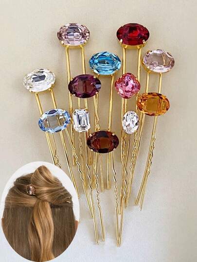 水钻发夹 U 型椭圆发簪，复古发髻发夹，新娘发饰