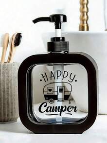 Happy Camping Manual Hand Soap Dispenser Bottle - Vintage Camper Van & Classic RV Design, With Teal Bubbles, Pink Flowers And "Happy Camping" Label, Moisturizing Pump Bottle Suitable For Sink, Shower, Bathroom, Kitchen, Camping Decor, Mother's Day Gift, Home Decor, Travel Essential - Multicolor - View 2