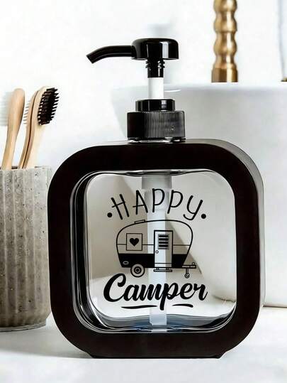 Happy Camping Manual Hand Soap Dispenser Bottle - Vintage Camper Van & Classic RV Design, With Teal Bubbles, Pink Flowers And "Happy Camping" Label, Moisturizing Pump Bottle Suitable For Sink, Shower, Bathroom, Kitchen, Camping Decor, Mother's Day Gift, Home Decor, Travel Essential