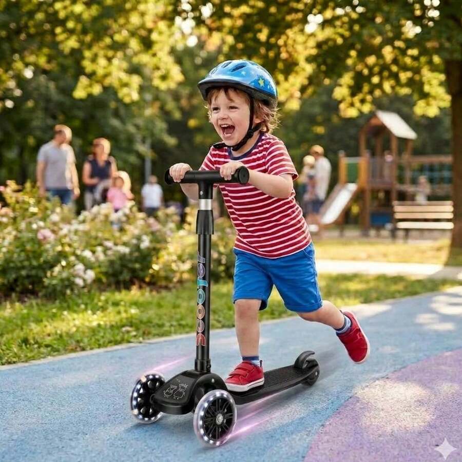 3-Wheel Kids Scooter With LED Lights And Adjustable Handlebar – Fun For Children - Black - View 1
