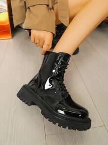 厚底英伦风米色亮面拉链短靴，百搭复古秋冬靴，适合青少年和女士，极其时尚的踝靴 - 黑色 - 查看 6