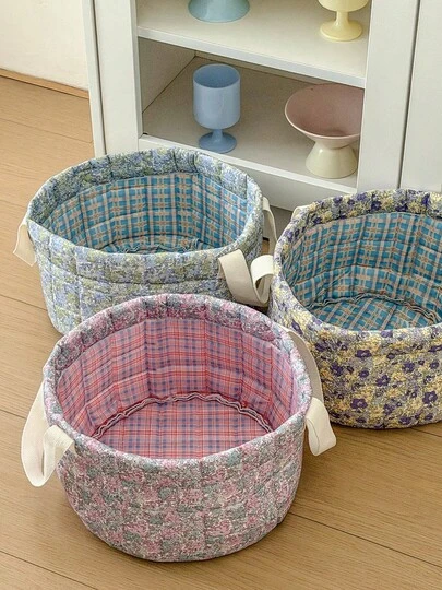 1Pc Floral Print Quilted Storage Basket Laundry Basket Large Capacity Portable Storage Bag Foldable Snack Basket With Handle For Women And Girls Cosmetic Storage Basket Toy Storage Basket Skincare Storage Basket Women Makeup Storage Multifunctional Storage Basket Cosmetic Organizer Home Decor Livingroom Bedroom Decor Bathroom Decor