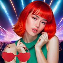 Cyberpunk Bob Wig & Glasses Set - 20+ Neon Colors With Adjustable Fringe | Multi-Tone Synthetic Hair For Cosplay, Rave, Halloween & Daily Bold Fashion (Hot Red/Lime Green/Orange/Light Pink/Plum Purple/Neon Blue/Neon Lilac/Golden Blonde/Black) - 紅色 - 查看 4