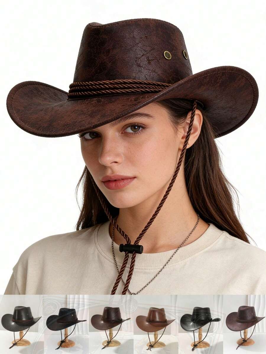1 chiếc mũ cao bồi miền Tây cổ điển, kiểu dáng cũ kỹ, mũ da rộng vành che nắng unisex, thích hợp cho lễ hội âm nhạc, chụp ảnh, chống gió. - Nhiều màu - Xem 1