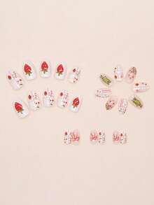 24片椭圆形假指甲套装，甜美草莓蝴蝶结卡通花朵图案，DIY美甲装饰，适合所有女性日常约会、工作和派对佩戴。按压式指甲贴片，美甲用品。 - 彩色 - 查看 3