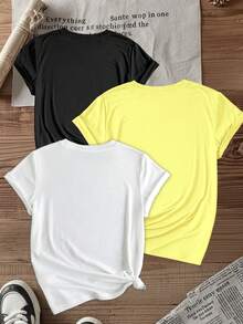 Women's 3-Piece Set, Basic Fitted Round Neck Short Sleeve T-Shirt, Suitable For Fitness, Running And Outdoor Activities Sports - Multicolor - View 2