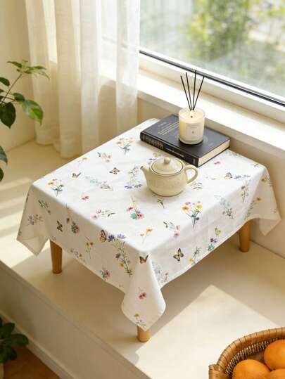 1件彩色花卉蝴蝶印花桌布，农舍风格方形桌面罩，床头柜/小桌布，可水洗，便携，装饰性强，适用于卧室、客厅、书房、野餐、露营、户外活动，四季皆宜，春夏皆宜。