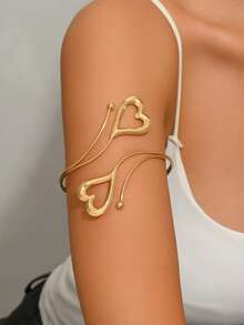 1pc Fashionable Unique Hollow 3D Heart Open Adjustable Metal Cuff Bracelet Suitable For Music Festivals, Dance Parties And Events (Heart Direction Random) - Gold - View 2