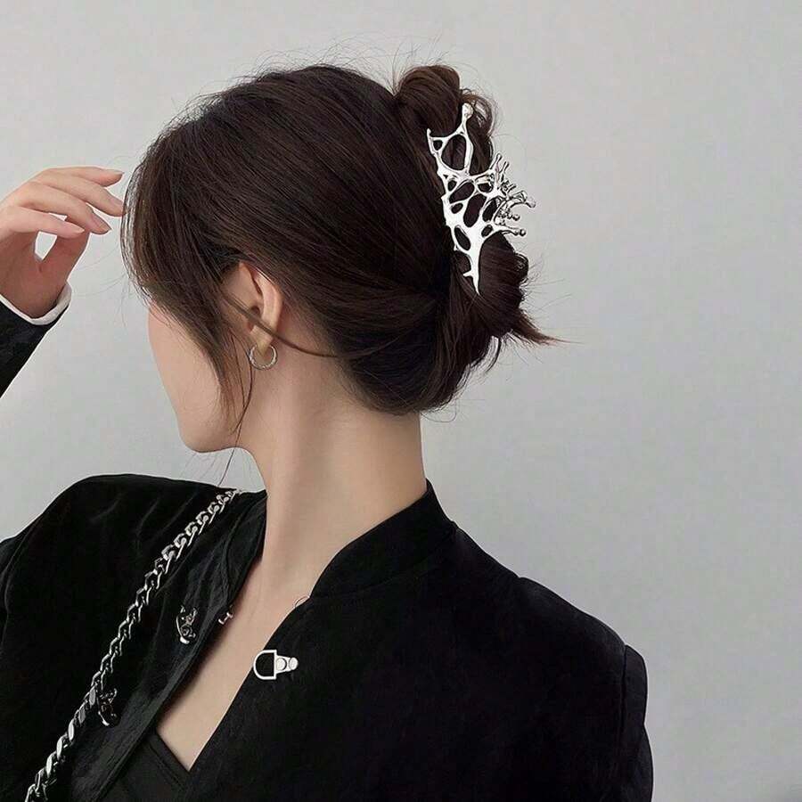 Women's Silver Minimalist Alloy Liquid Hair Claw For Multiple Hair Volumes, Back Of Head Bun Hair Accessory, Elegant Shark Clip Hair Ornament - 銀色液體發爪 - 查看 1