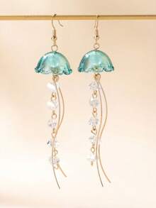 1对女士水母吊坠耳环 - 海洋沙滩风绿色水母吊坠耳环，长流苏耳环，适合夏季度假佩戴 - 彩色 - 查看 2