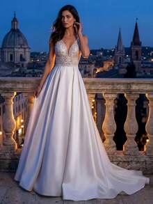 HEARBOBO New Gorgeous Sleeveless Deep V-Neck High Slit Wedding Dress, White - White - View 6