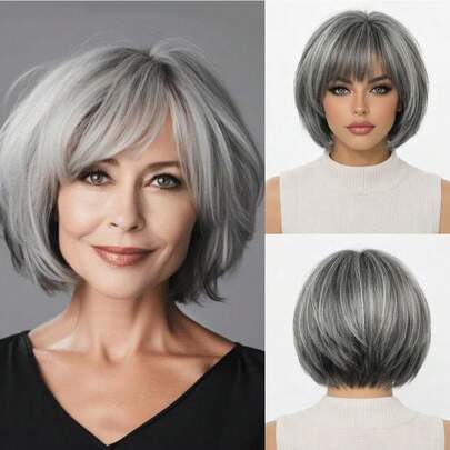 6英寸灰白相间柔顺直发假发，真人发丝，无胶高清蕾丝波波头假发，混合灰色，预先拔毛、预先剪裁，蕾丝贴合，可直接佩戴，适合日常、派对等场合。