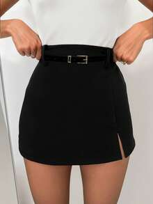 1件优雅纯色开衩简约百搭女士短裙（含腰带）黑色夏季款 - 黑色 - 查看 5
