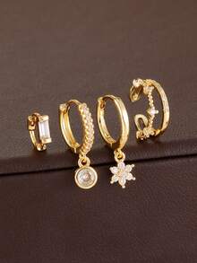 4Pcs 18K Gold Plated Elegance Zirconia Flower Dangle Earrings Set For Women Ear Studs Ear Clips Hoop Cartilage Piercing Earring Girls Vacation Party Jewelry Gift - 1-gold-4pcs - View 2