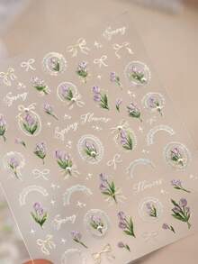 1 pieza Pegatina de arte de uñas 5D con perlas y tulipanes franceses de primavera, decoraciones de uñas con flores de tulipán delicadas y lindas - Multicolor - Ver 8