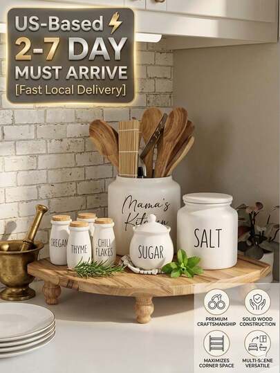 [2-7 Days Must Arrive] Rustic Wood Corner Counter Shelf, 1Pc Farmhouse Kitchen Desktop Organizer For Spice Jars & Canisters, Solid Wood Fan-Shaped Display Tray Riser For Coffee Bar & Dining Area, Durable Wooden Corner Storage Rack For Countertop Space Saving