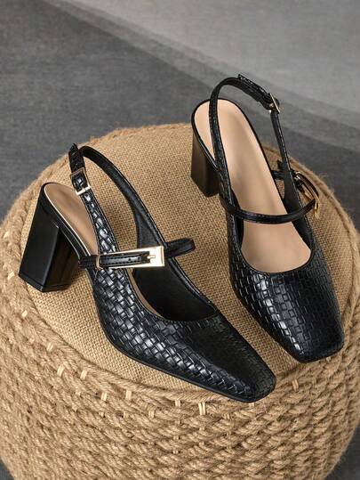 Women's Square Toe Slingback Chunky Heels - Woven Texture Mary Janes With Metal Buckle - Comfort Block Heel Dress Shoes For Office & Date Night