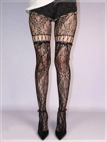 Medias de encaje elegantes y vintage francesas para mujeres, pantimedia transparente con cortes y lazos ajustables, medias elegantes y urbanas de alta elasticidad para oficina