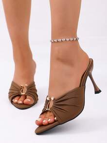 Women's Solid Color Elegant Sexy Pleated High Heel Shoes, Pointed Toe Slim Heel Casual Slip-On With Metal Decor, Versatile For Party & Spring/Summer Wear - Brown - View 5