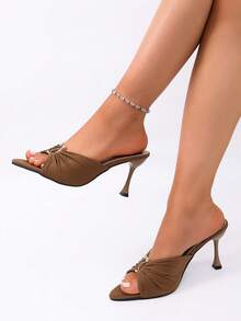 Women's Solid Color Elegant Sexy Pleated High Heel Shoes, Pointed Toe Slim Heel Casual Slip-On With Metal Decor, Versatile For Party & Spring/Summer Wear - Brown - View 6