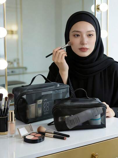 1pc Classic Black Mesh Portable Handheld Makeup Bag With Compartments, Breathable Mesh Suitable For Dorm, Home, Outdoor, Beach Travel