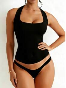 Fyxelle 女士露背无袖上衣，魅力简约百搭 - 黑色 - 查看 2