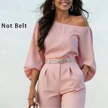 女士优雅粉色两件套，不对称上衣搭配西装裤，适合春夏、母亲节、日常、度假、办公穿着。 - 粉色 - 查看 2