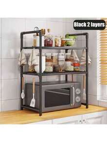 1 Piece Microwave Rack, Expandable Microwave Shelf, Countertop Kitchen Utensil And Cutlery Storage Rack, Carbon Steel Microwave Rack With Hooks - Multicolor - View 8