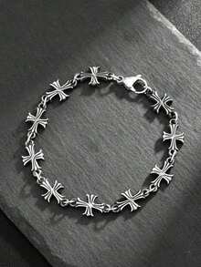 Men's Punk Style Cross Vintage Genuine Leather Bracelet, New Fashionable High-Quality Daily Wear, Suitable For Birthday, Engagement Gifts - 多色的 - 查看 1