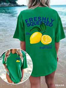 FRESHLY SQUEEZED Casual Lemon Vacation Atmosphere Graphic Oversized Round Neck Short Sleeve-Shirt WomenUnisex Casual-Shirts - 綠色 - 查看 3