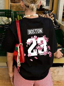 夏季新款休闲扎染花卉图案及数字23印花圆领短袖T恤，时尚百搭女士度假上衣，黑色 - 黑色 - 查看 7