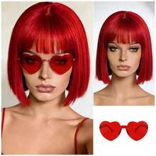 Cyberpunk Bob Wig & Glasses Set - 20+ Neon Colors With Adjustable Fringe | Multi-Tone Synthetic Hair For Cosplay, Rave, Halloween & Daily Bold Fashion (Hot Red/Lime Green/Orange/Light Pink/Plum Purple/Neon Blue/Neon Lilac/Golden Blonde/Black) - 紅色 - 查看 6