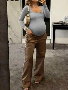 Maternity Women's Crew Neck Long Sleeve Bodysuit, High Elasticity, Suitable For Casual Daily Wear - Grey - View 2