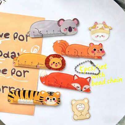 5件套卡通动物亚克力尺带珠链，便携式学生尺，可爱考拉、狮子、老虎、狐狸、松鼠文具