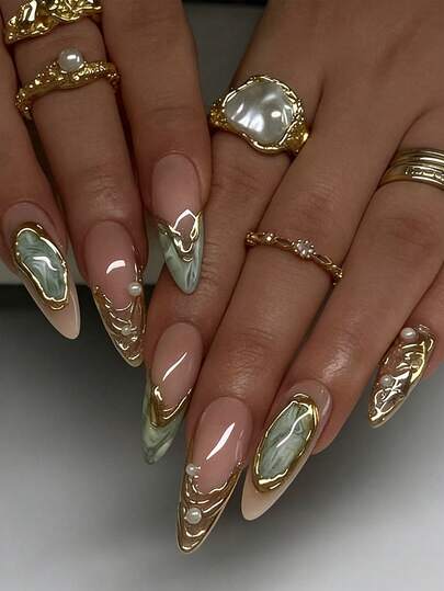 24pcs/Set Almond-Shaped Asymmetrical Golden Cat Eye Sequin Pearl Press-On Nails, Includes 1 Piece Gel Polish And 1 Piece Nail File, Suitable For All Ladies/Girls For Daily Wear, Festivals, Weddings, Parties, Essential Manicure Accessory For Spring/Summer