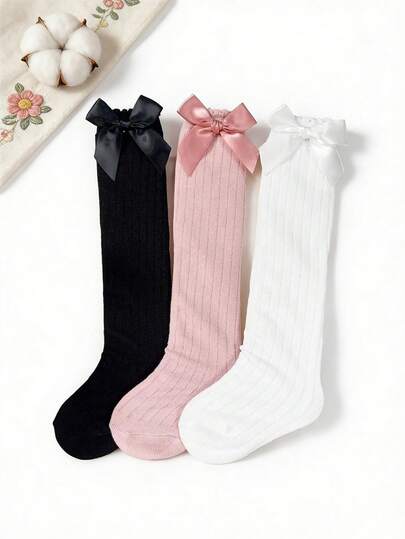 3 Pairs Girls' Sweet Cute Bow Decor Bubble Mouth Straight Tube Mid-Calf Socks, Elastic Cuff, Versatile Ribbed Socks For All Seasons, No Age Limit