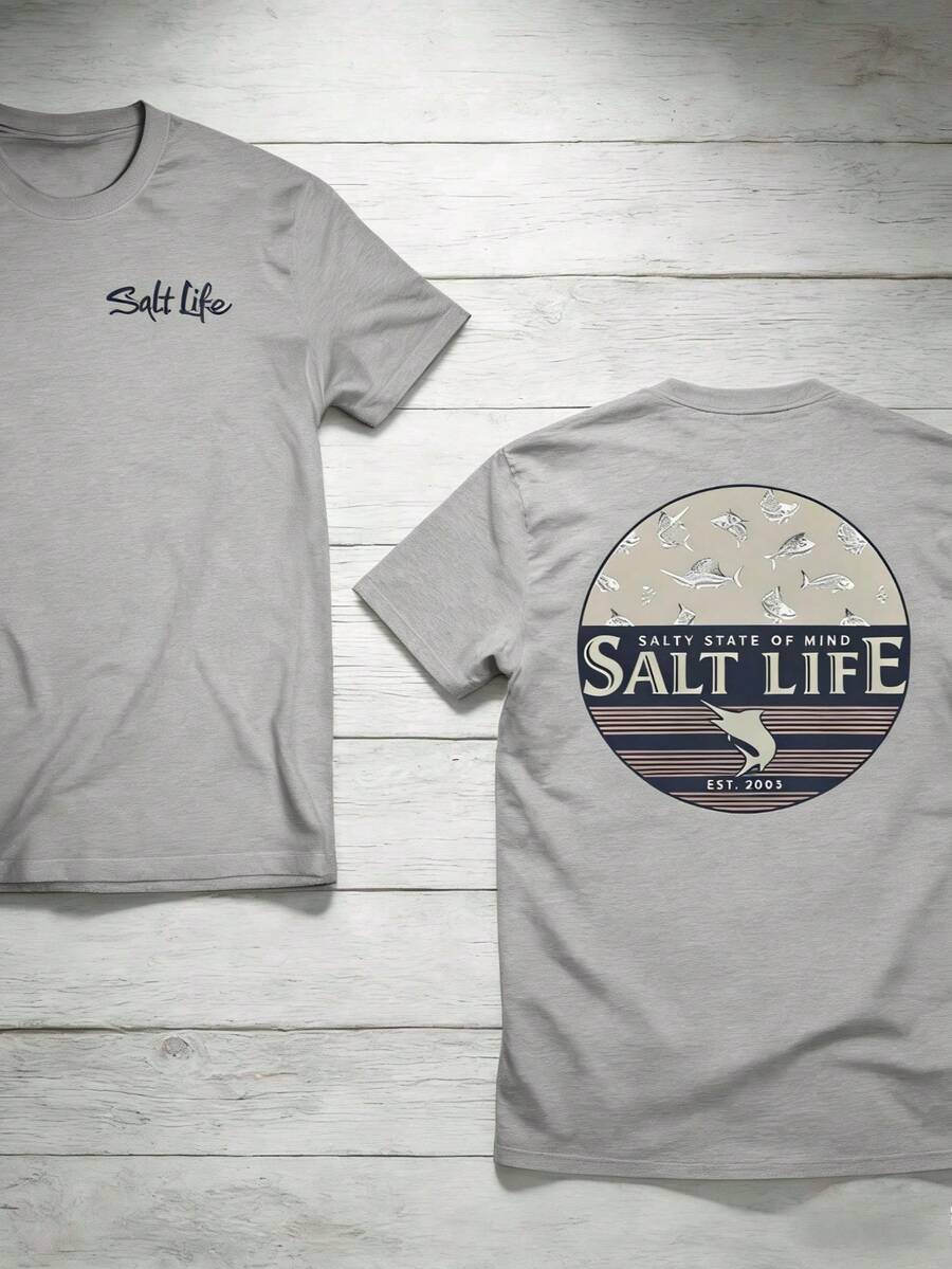 The "Salt Life" T-Shirt, Featuring A Print Of Near-Shore Fish, Is Ideal For Ocean Lovers And Beach Adventurers. - Xám - Xem 1