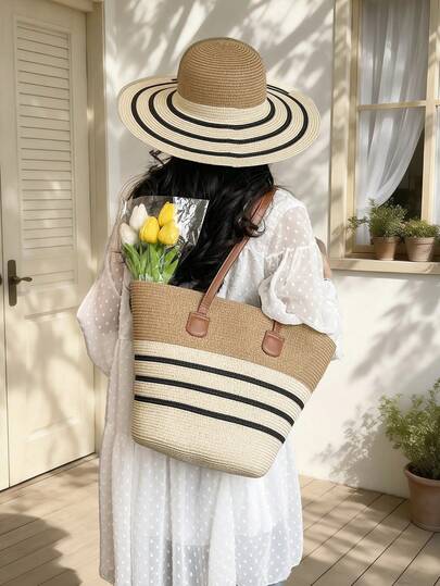 1pc Spring/Summer Essential Minimalist Striped Color Block Straw Tote Bag, Women's Portable Shoulder Bag, Comes With Matching Beach Sun Hat, Suitable For Beach, Travel, Vacation, Gift For Women, Party
