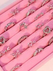 10pcs/Set Elegant High-End Unique Exquisite Fashion Pink Crystal Rings, Butterfly & Heart Shaped, Romantic Date Gift, Daily Wear Jewelry - Pink - View 3