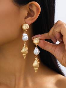 1 Pair Fashion Personalized Pearl Shell Decor Dangle Earrings, Suitable For Women's Party, Gathering, Beach Holiday Wear, Gift - Yellow Gold - View 7