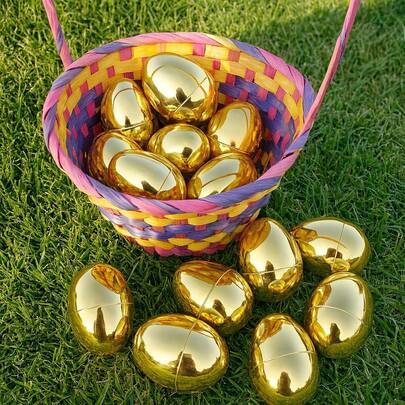 10pcs Refillable Plastic Easter Eggs With Fillable Center, Suitable For Easter Egg Hunts, Basket Fillers, Party Favors And Spring Decorations, Gold Fillable Easter Egg Hunt Game, Ideal For Easter Party Supplies