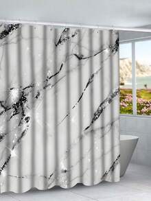 Marble Pattern Shower Curtain Set With 12 Hooks, Water-Resistant Polyester Knit Fabric, Wipe Clean, Includes U-Shaped Toilet Mat, Lid Cover, And Rug - Modern Bathroom Decor - A - View 22