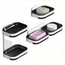 Single/Double Layer Wall-Mounted Soap Holder With Drainage Function - Suitable For Bathroom And Kitchen Use, Modern Durable Soap Holder, Soap Holder Rack, Innovative Upgrade, No Drilling Installation, Plastic Square Design, Suitable For Bathroom And Shower Storage - Multicolor - View 2