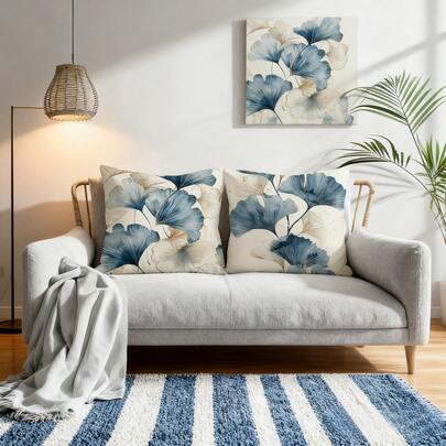 2 vỏ gối họa tiết lá bạch quả màu xanh dương, vàng và bạc, kiểu dáng tối giản, chất liệu vải satin mịn, thích hợp cho đầu giường phòng ngủ, không bao gồm ruột gối.